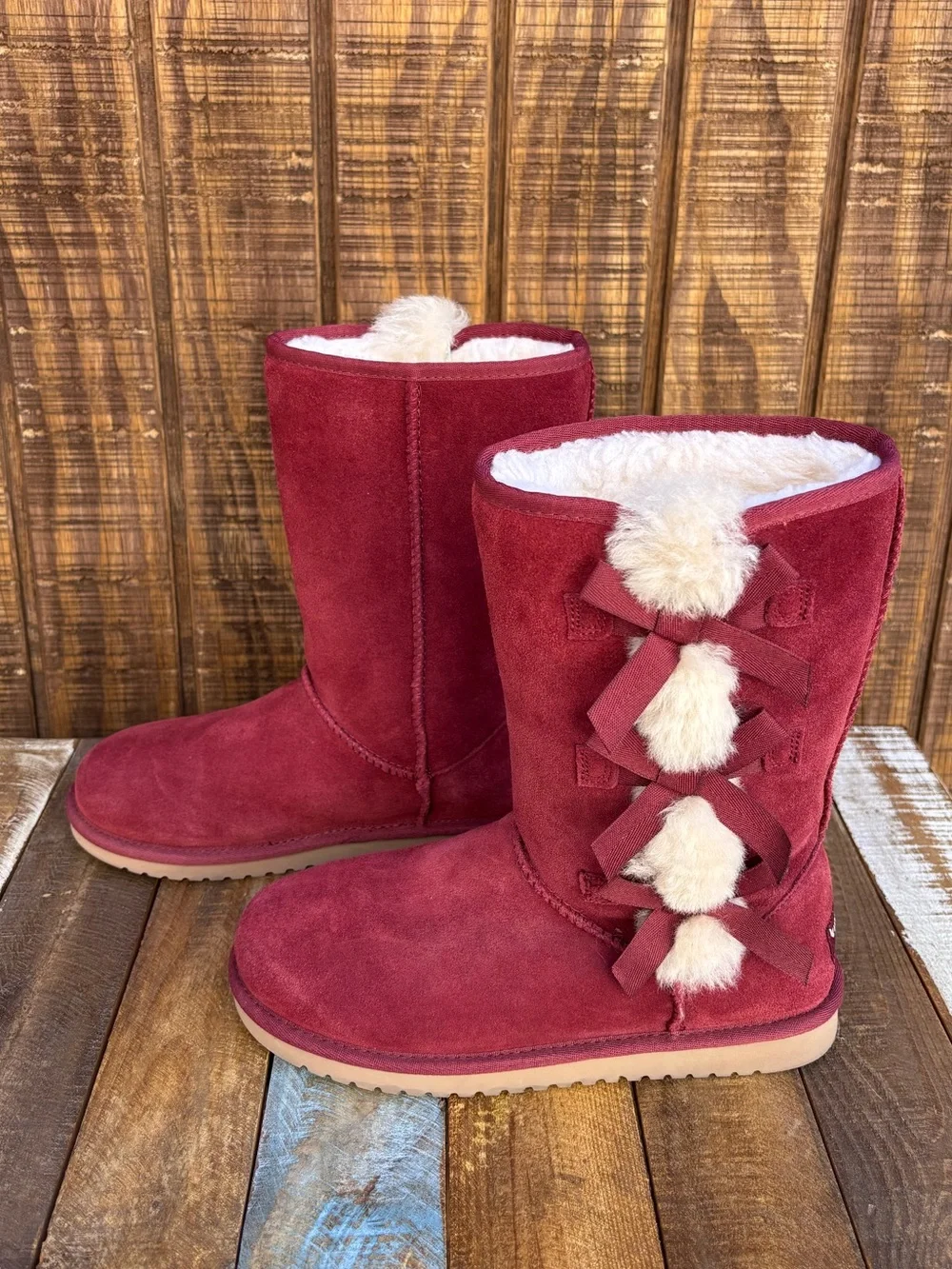 Koolaburra By UGG Victoria Red Wine Color Tall Boots With Pom-Pom Bows
